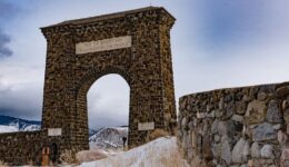 The Roosevelt Arch, entrance to Yellowstone National Park.
