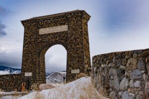 The Roosevelt Arch, entrance to Yellowstone National Park.