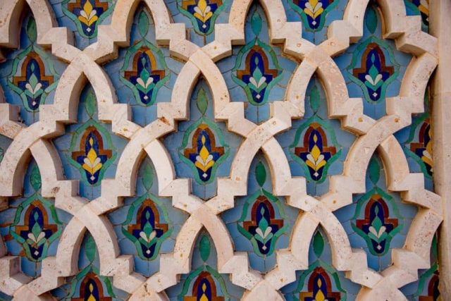 This ornate tilework is found on the walls of the Hassan II Mosque in Casablanca.  Hassan II is the second largest mosque in the world and welcomes people of all faiths to come and tour the interior.   The mosque can accommodate up to 25,000 worshipers.