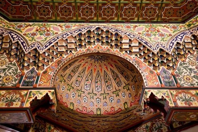 Ornately carved and painted cedarwood is transformed into doors, furniture, ceilings and column adornments throughout Morocco.  Cedarwood comes from the High Atlas and Rif mountains within Morocco, and due to its softness, is a natural choice for carvers.  The oil from the cedar trees is used for both cosmetic and medicinal purposes.