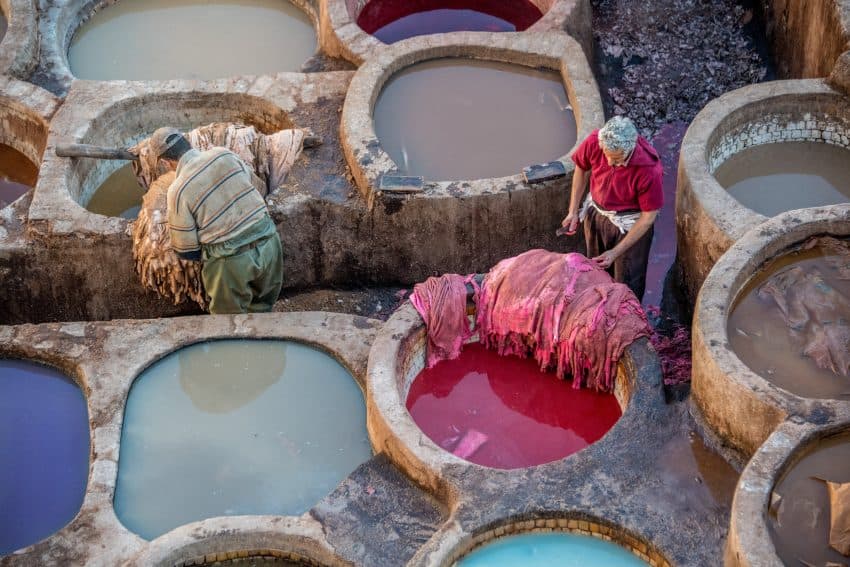 Fez is well known for its tanneries. The hides of cows, sheep, goats, and camels are dyed before being turned into all sorts of leather goods, including shoes, purses, wallets, jackets, and backpacks. With the help of a guide, its possible to get up above the tanneries and out on a porch to watch the dying process.