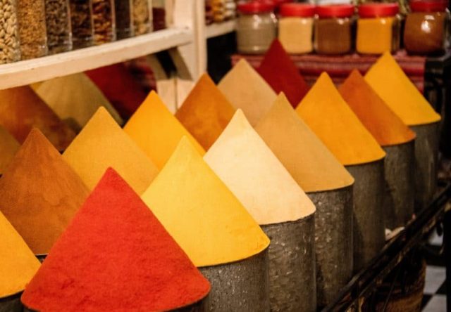 In the souks (markets) of Marrakech and Fez, you'll find spices artistically displayed in cone-shaped fashion.  Spices that play into Moroccan cuisine include cayenne, cinnamon , turmeric, ginger, black pepper, cumin, paprika, and saffron.