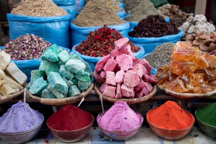 Shopkeepers in Morocco have a way of displaying in their goods in such an attractive manner that it commands curiosity, if nothing else.  This stall offers a one-stop shop for soaps, tea leaves, herbs, mushrooms, spices, henna, and beauty powders.