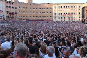 The huge crowd in the center of Siena awaiting the bi-annual Il Palio horse race. Eric Sweigert photos.