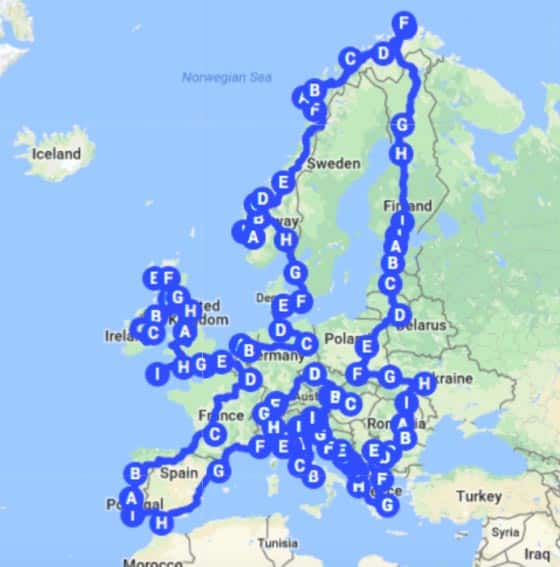 The map of Niels Thomas' 30,000 kilometer road trip through Europe. | GoNOMAD Travel