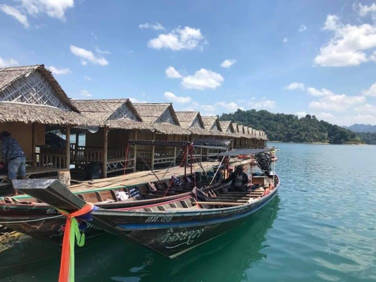 Raft house in Thailand at Chiaw Laan Lake.