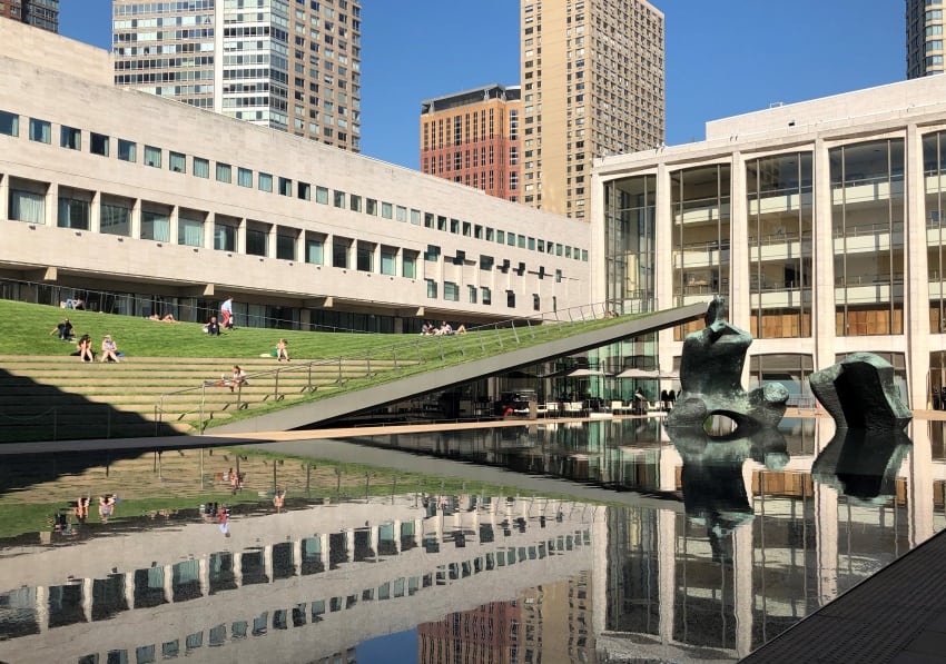 A mesmerising view at the Lincoln Center Plaza, with Henry Moore's _Reclining Figure_ and The Juilliard School and David Geffen hall in the background. Susmita Sengupta photos.