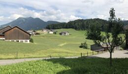 Rolling farm fields and mountains in Schwarzenberg, a small village in the Bregenzerwald region of Vorarlberg state in Western Austria. Max Hartshorne photos.