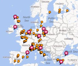 All of the locations that John Sage has traveled to in his wheelchair.