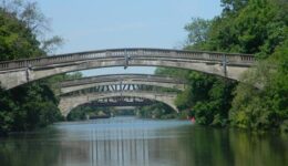 The Western section of the Erie crosses the Genessee River with several pedestrian bridges overhead.