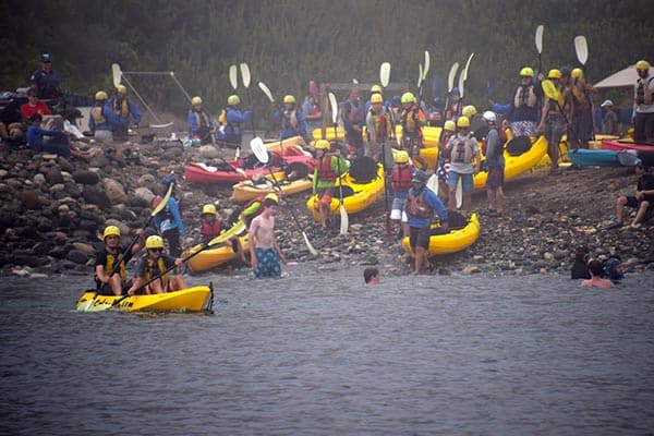 Paddling to the caves on kayaks at Santa Cruz island - part of the Channel Islands - this is the landing.