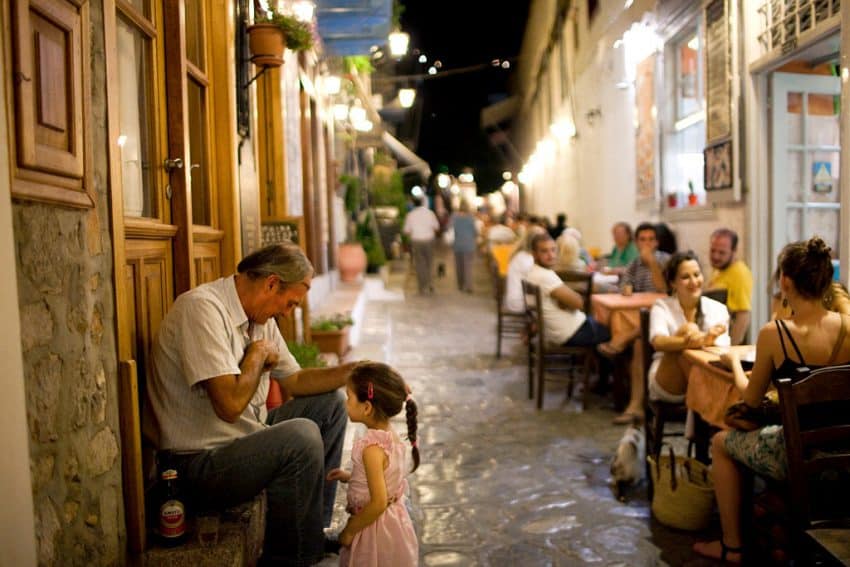 The backstreets are where the great restaurants can always be found. On Hydra Island, Greece.