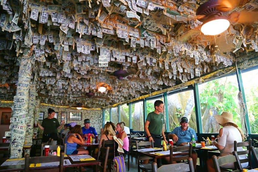 Cabbage Key bar adorned with currency on Florida's Gulf Coast.