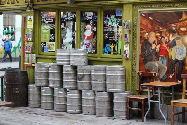 Kegs sit on the street corner in Temple Bar.