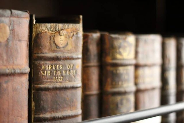 The bindings of books dating back hundreds of years, displayed in Marsh's Library.
