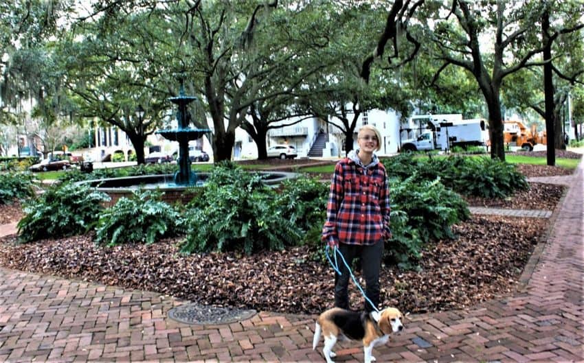  Travelling with small dogs. Eevi Cowell and dog Cookie take in Lafayette Sq. Savannah. Georgia.