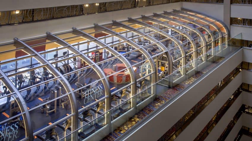 The glass-enclosed fitness center at the Marquis.