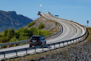 The Storseisundet Bridge is the longest of the eight bridges on the Atlantic Road and initially has the appearance of heading straight up to nowhere.
