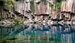 Jusangjeolli Cliff formed by lava cooling, shrinking in mass, and then forming the many cube-like blackish rock pillars.