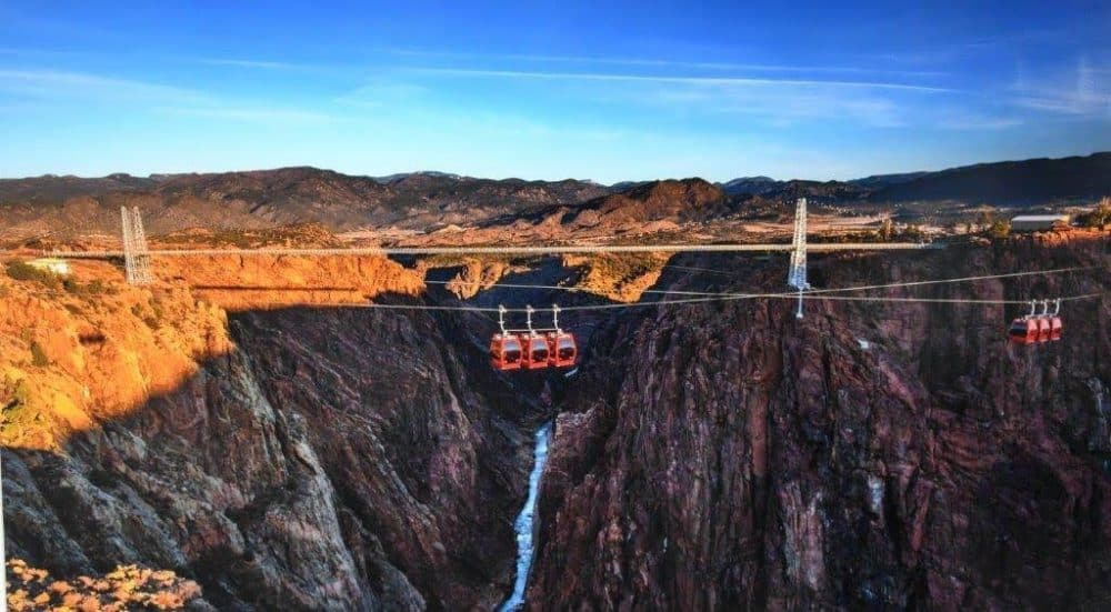 Drone shot of Royal Gorge Bridge with gondola ride