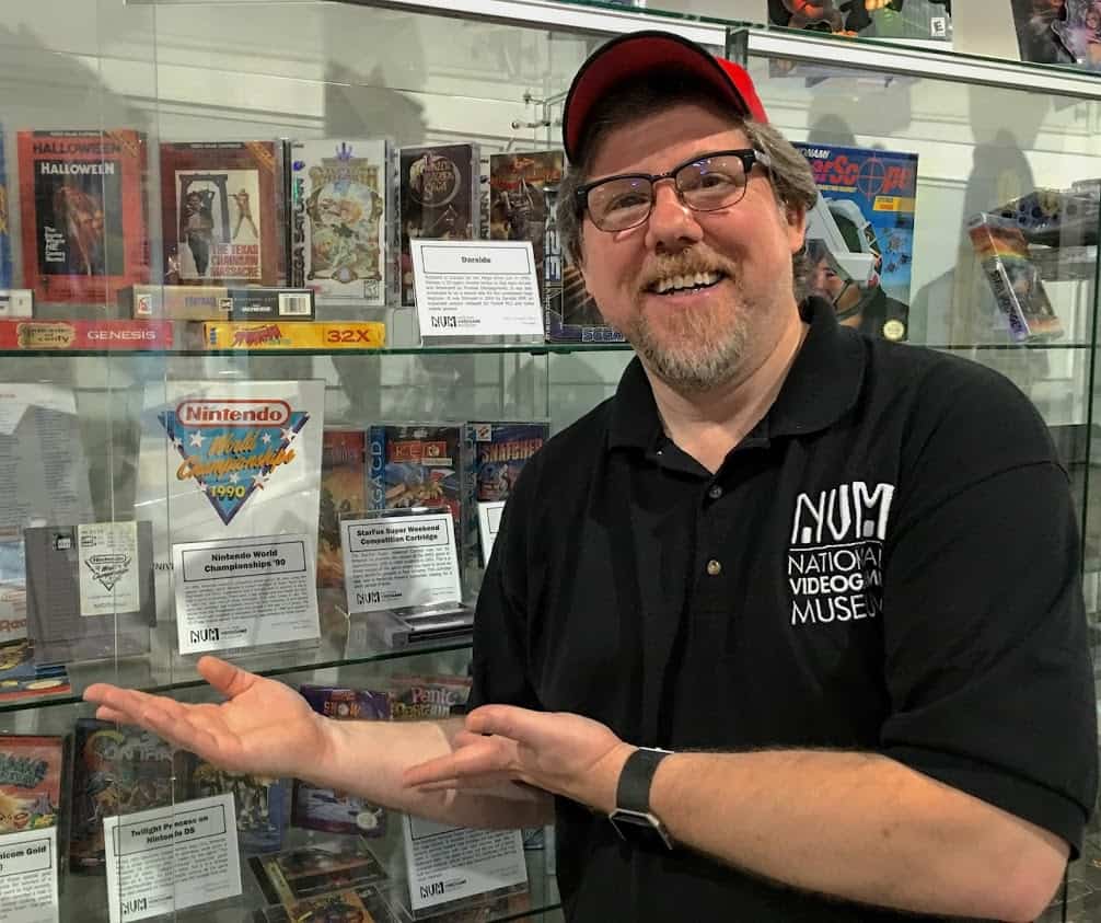 Joe Santulli points out some of the rare video game memorabilia. videogame museum