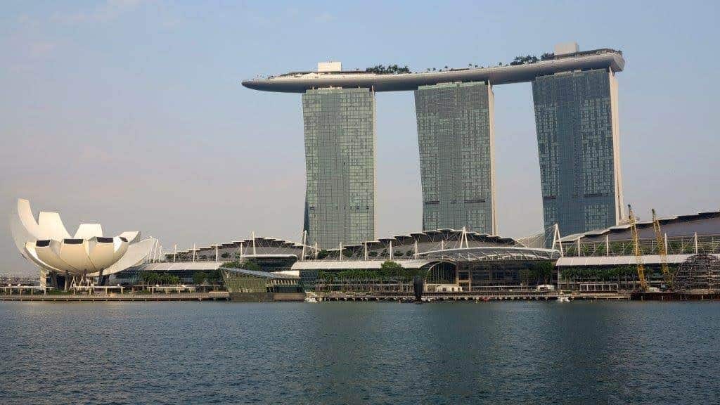 Art Science Museum with the Marina Sands Hotel dominates view in the bay. The infinity pools stretch across the tops of the three buildings!