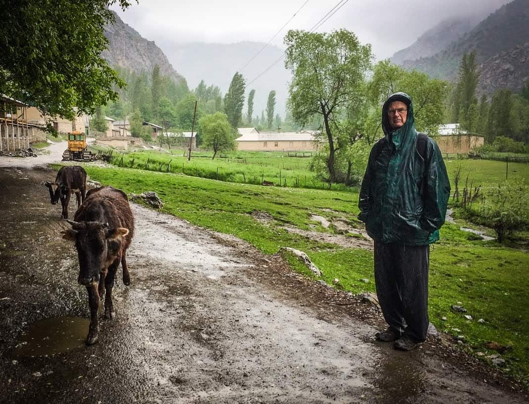 The road to Artuch village in the pouring rain. Hiking in Tajikistan