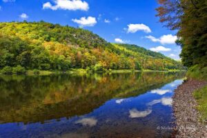 Pow Wow Hill in Pennsylvania eventually rises over 600 feet in a series of steep ledges above the Delaware River.