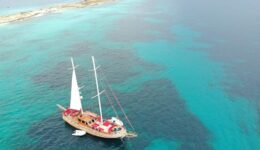 An aerial view of our boat off the shores of Formentera - an island located just off the shores of Ibiza