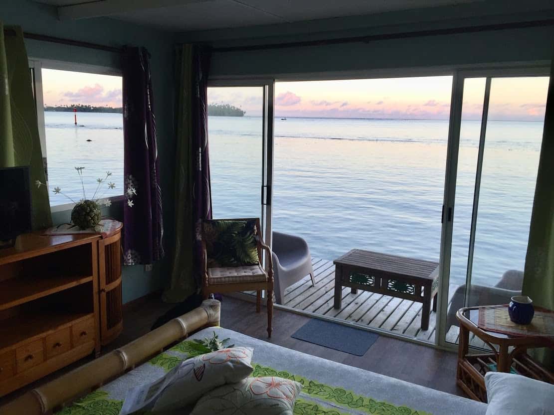 View from inside Grandma Maeva’s overwater bungalow guesthouse. 