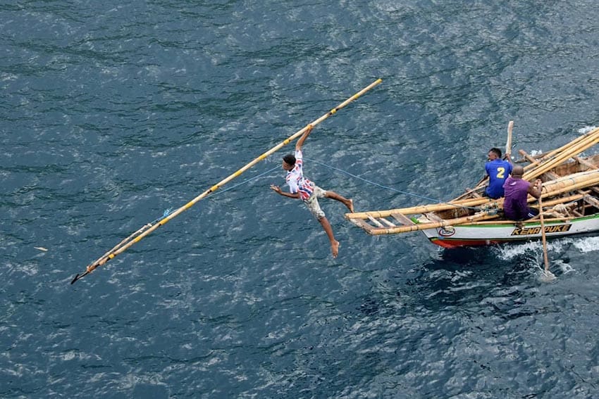 Whale hunting demonstration off Lamalera, Indonesia.