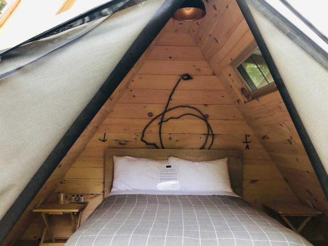 small cabin The cozy interior of one of the A-Frame cabins at Sandy Pines.