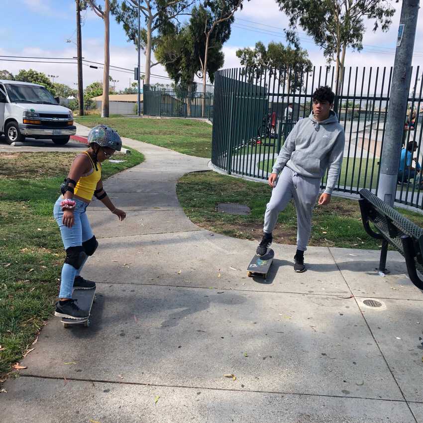 Learning skateboard tricks at the Costa Mesa Skatepark.