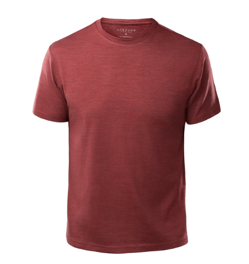 Unbound Merino men's crewneck tee, heather red.