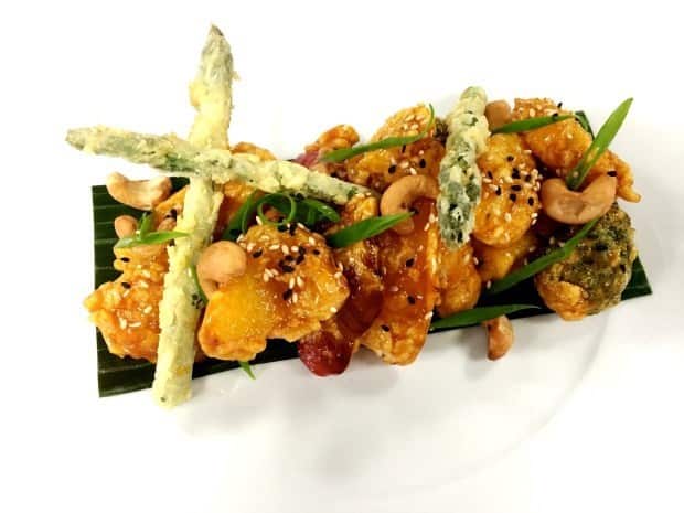 Crispy Sweet & Sour Vegetables with Tofu, Cashew and Sesame, a vegan at sea.