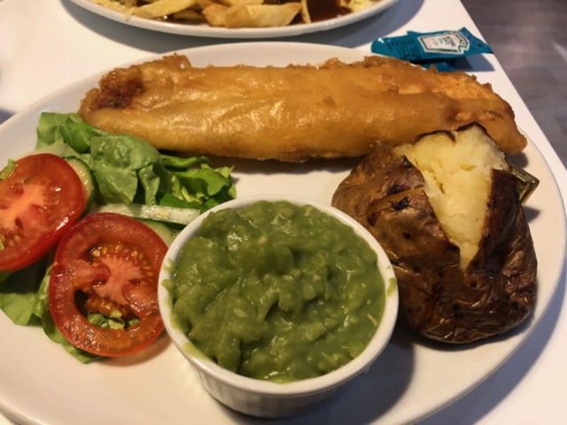 Fish and mushy peas Fish and mushy peas
