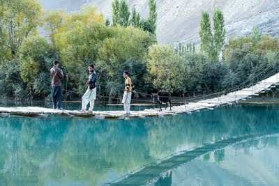 Three men and a cow hang out on a bridge in Phander Village.