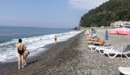 The rocky beach in Sarpi, Republic of Georgia, on the Black Sea.