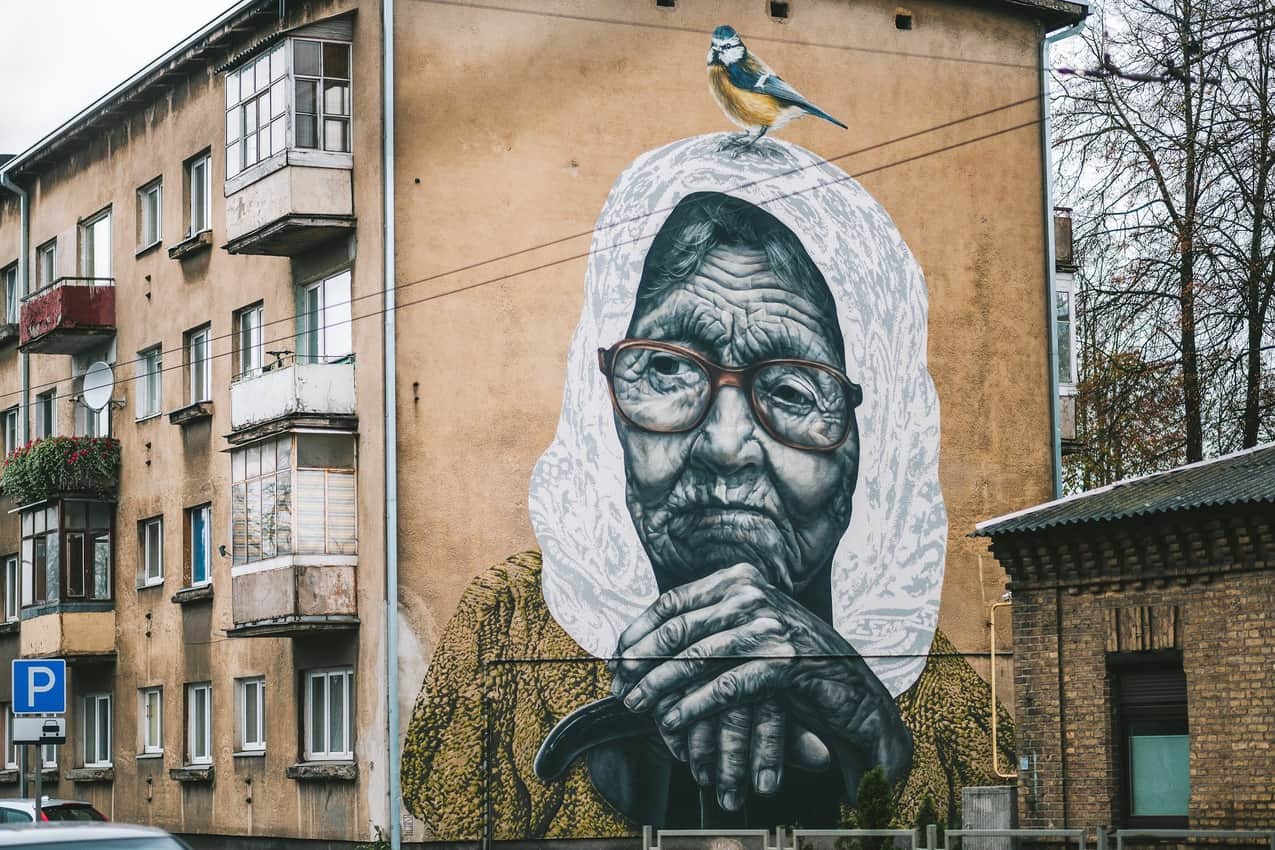 Dramatic street art highlights downtown Kaunas Lithuania.