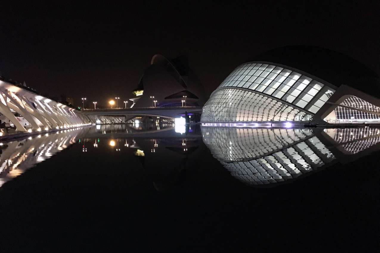 Nightly illumination adds drama to the City of Arts and Sciences designed by Santiago Calatrava in Valencia. 