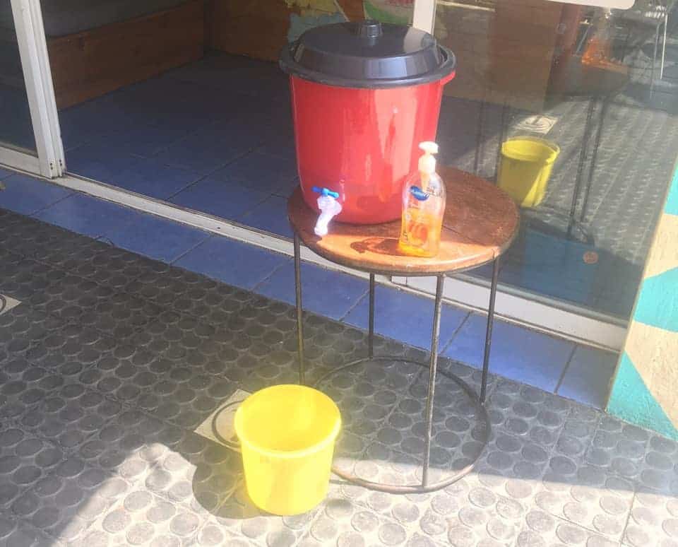 A handwashing station in downtown Puerto Escondido, Mexico.