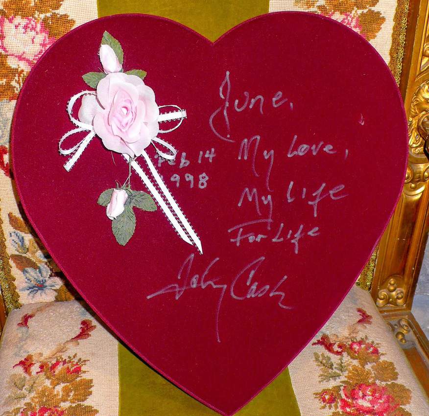 A box of Valentine candy that Johnny Cash gave to his wife in 1998 is inscribed with “My Love, My Life, For Life.”