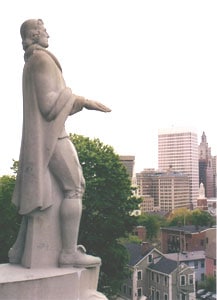 A statue of Roger Williams looks out over Benefit St. Providence. Photos by Tim Lehnert