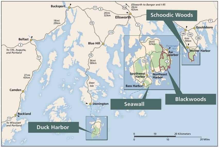 Spectacular RV Camping in U.S. National Parks 8 map of RV campgrounds in Acadia National Park, Maine.