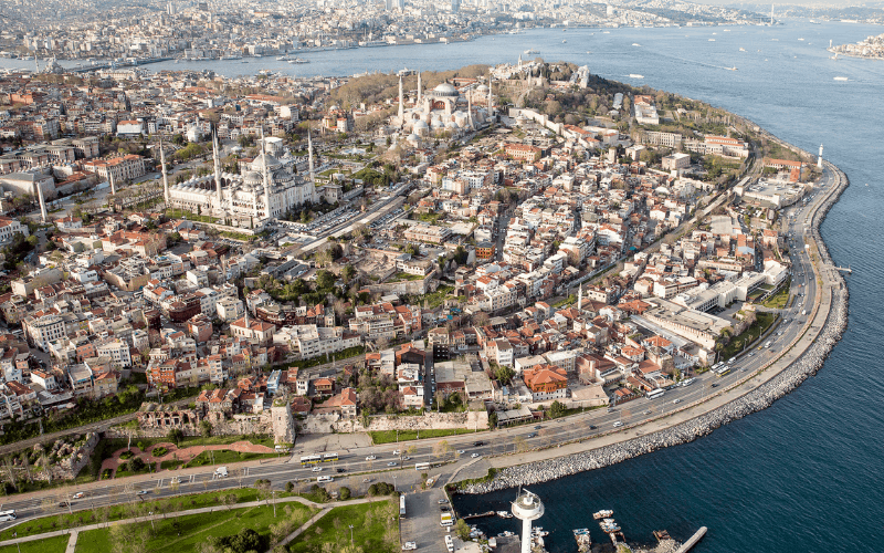 An aerial view of Istanbul, Turkey shows the magnificent Hagia Sofia.