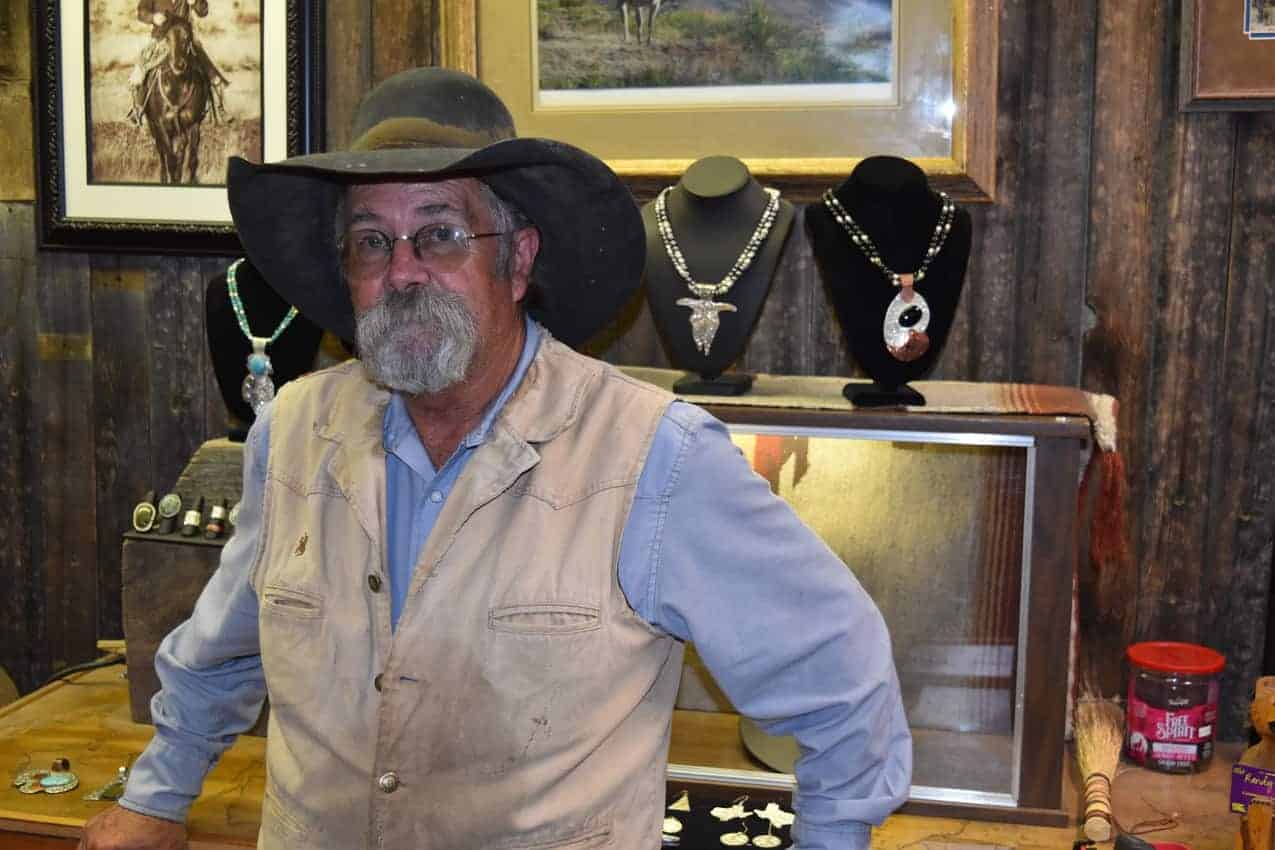 Randy Glover with his handmade jewelry in Fort Davis, Texas.