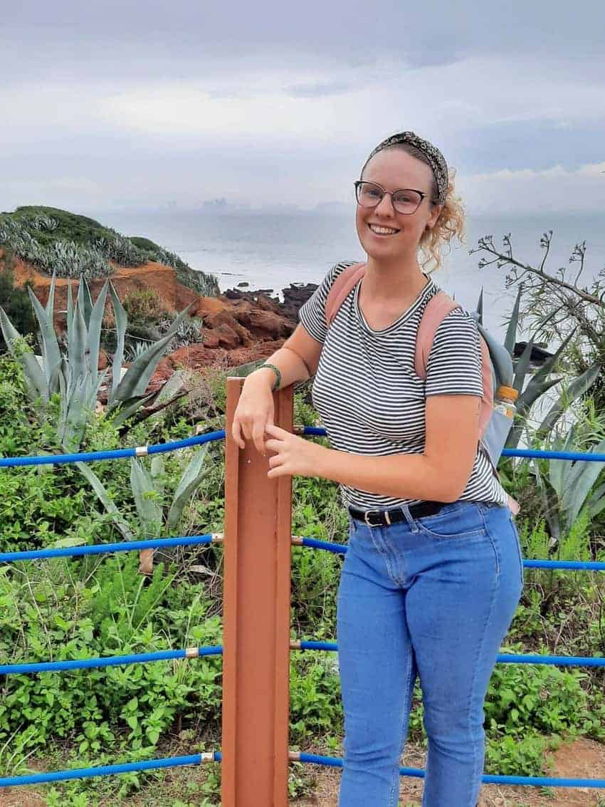 The China skyline behind the author on Kinmen Island, Taiwan.