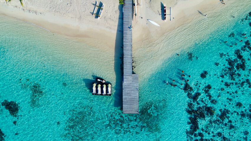 Aqua blue water caresses the coastline as the pier perfectly cuts the shot and swimmers dip their toes.