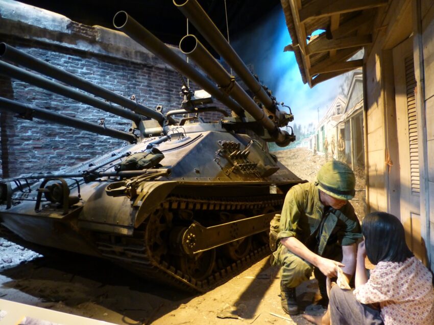 A tank in a dioramat the Marines Museum.