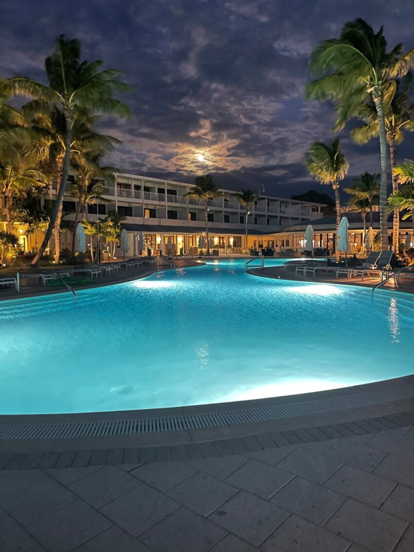 A recent super moon hangs over the resort at Hawk's Cay.
